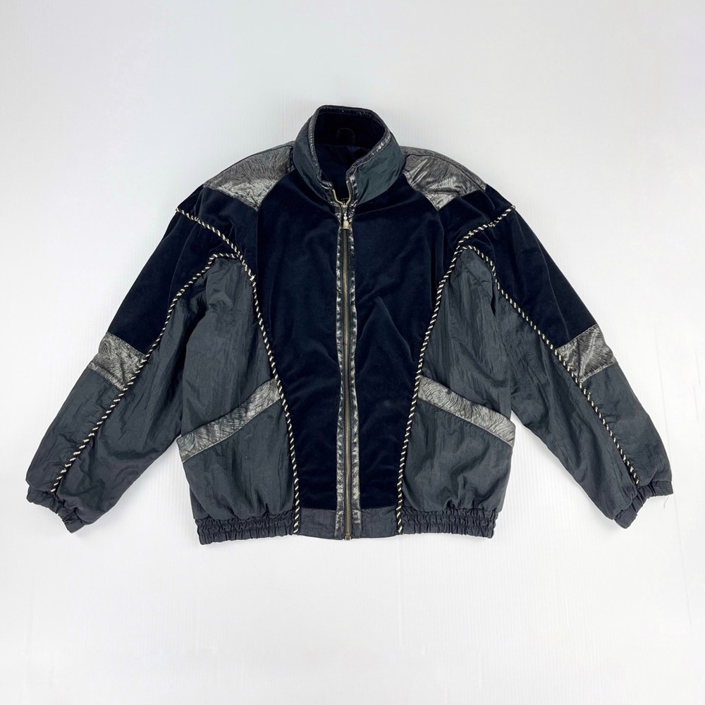 Vintage East West Black Gray Nylon Shoulder Pads Full Zip Puffer Jacket Top